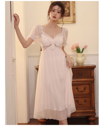 French Victorian Nightdress Short Sleeve Pajamas Women Summer Mesh Sexy V-Neck Lace Fairy Princess Homewear Princess Nightgow...