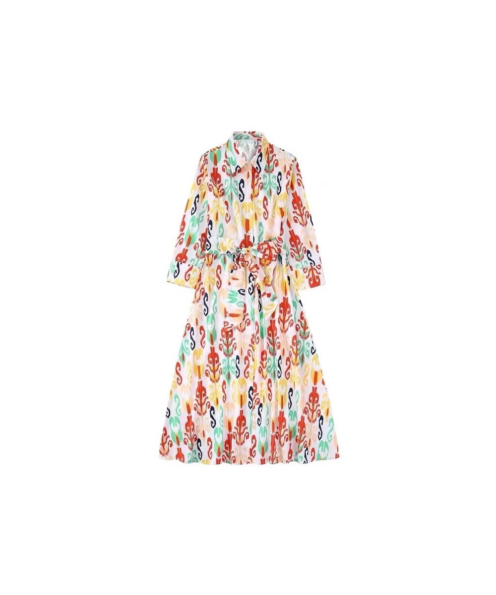 2022 New Women Printed Dress with Belt Fashion Lapel 3/4 Sleeve Mid Length Dress Trendy Casual Holiday Dress $47.29 - Dresses