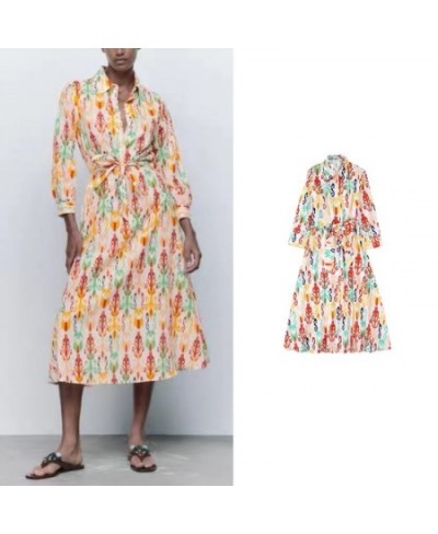 2022 New Women Printed Dress with Belt Fashion Lapel 3/4 Sleeve Mid Length Dress Trendy Casual Holiday Dress $47.29 - Dresses