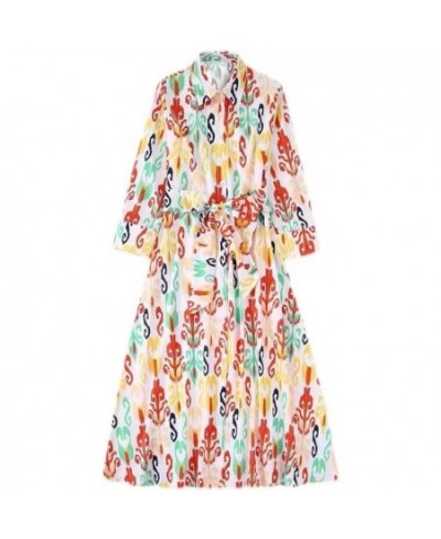 2022 New Women Printed Dress with Belt Fashion Lapel 3/4 Sleeve Mid Length Dress Trendy Casual Holiday Dress $47.29 - Dresses