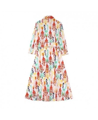 2022 New Women Printed Dress with Belt Fashion Lapel 3/4 Sleeve Mid Length Dress Trendy Casual Holiday Dress $47.29 - Dresses