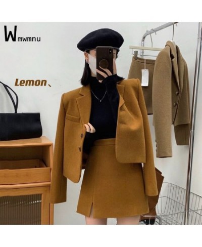 Vintage Thick Woolen Skirts Blazer Outfits Office Women Solid Short Suit Coat and Mini A-line Conjuntos De Falda Two Piece Se...