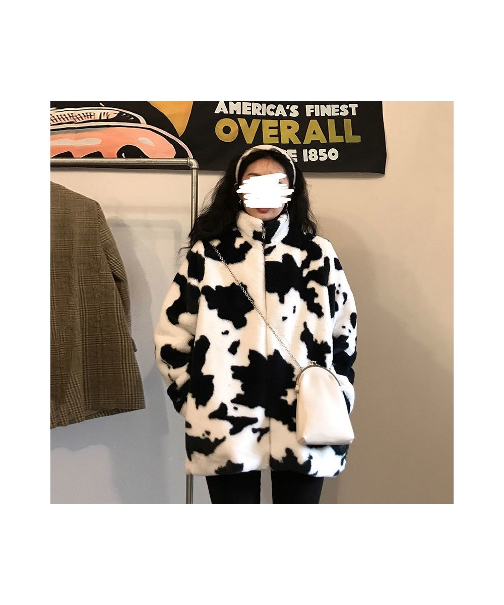 Winter Women Fleece Jackets Furry Coat Women Harajuku Milk Cow Print Faux Fur Jacket Vintage Hip Hop Warm Streetwear $52.10 -...