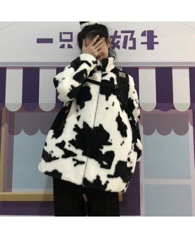 Winter Women Fleece Jackets Furry Coat Women Harajuku Milk Cow Print Faux Fur Jacket Vintage Hip Hop Warm Streetwear $52.10 -...