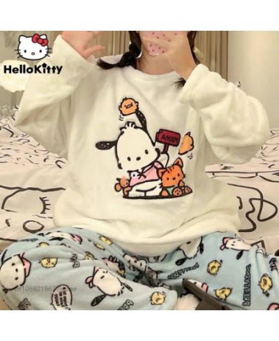 Pochacco New Flannel Home Clothes Y2k Kawaii Pullover Tops Loose Trousers 2 Piece Suits Women Plush Pajamas Matching Set $66....