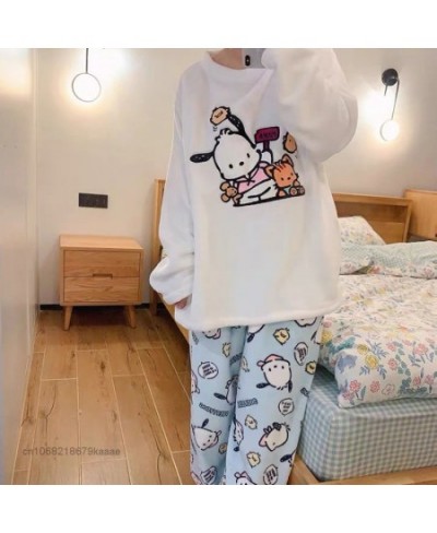 Pochacco New Flannel Home Clothes Y2k Kawaii Pullover Tops Loose Trousers 2 Piece Suits Women Plush Pajamas Matching Set $66....