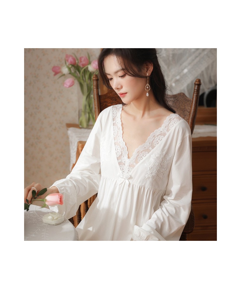 Women Spring Summer Long Night Dress Sexy Lace V-Neck Vintage Nightgown Simple Pure Cotton White Ankle-Length Nightie Sleepwe...