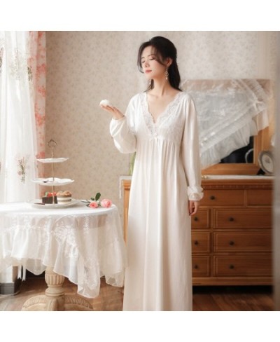 Women Spring Summer Long Night Dress Sexy Lace V-Neck Vintage Nightgown Simple Pure Cotton White Ankle-Length Nightie Sleepwe...