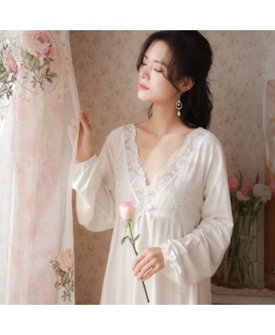 Women Spring Summer Long Night Dress Sexy Lace V-Neck Vintage Nightgown Simple Pure Cotton White Ankle-Length Nightie Sleepwe...