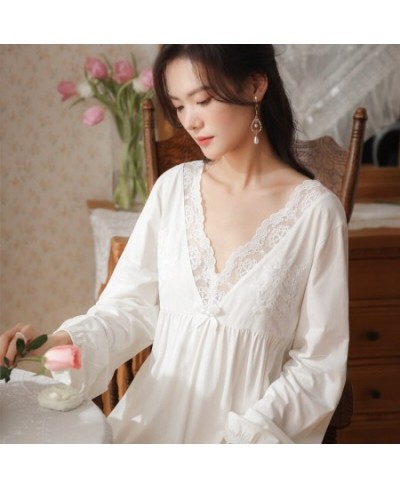 Women Spring Summer Long Night Dress Sexy Lace V-Neck Vintage Nightgown Simple Pure Cotton White Ankle-Length Nightie Sleepwe...