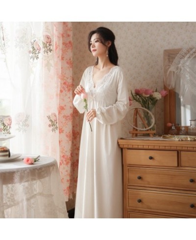 Women Spring Summer Long Night Dress Sexy Lace V-Neck Vintage Nightgown Simple Pure Cotton White Ankle-Length Nightie Sleepwe...