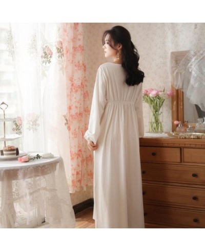 Women Spring Summer Long Night Dress Sexy Lace V-Neck Vintage Nightgown Simple Pure Cotton White Ankle-Length Nightie Sleepwe...