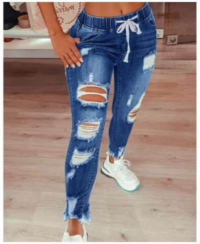 Drawstring Denim Jeans for Women Ripped Hole Stretch Jean Ladies big size Full Length Pencil Pants Ripped Jeans for Women $49...