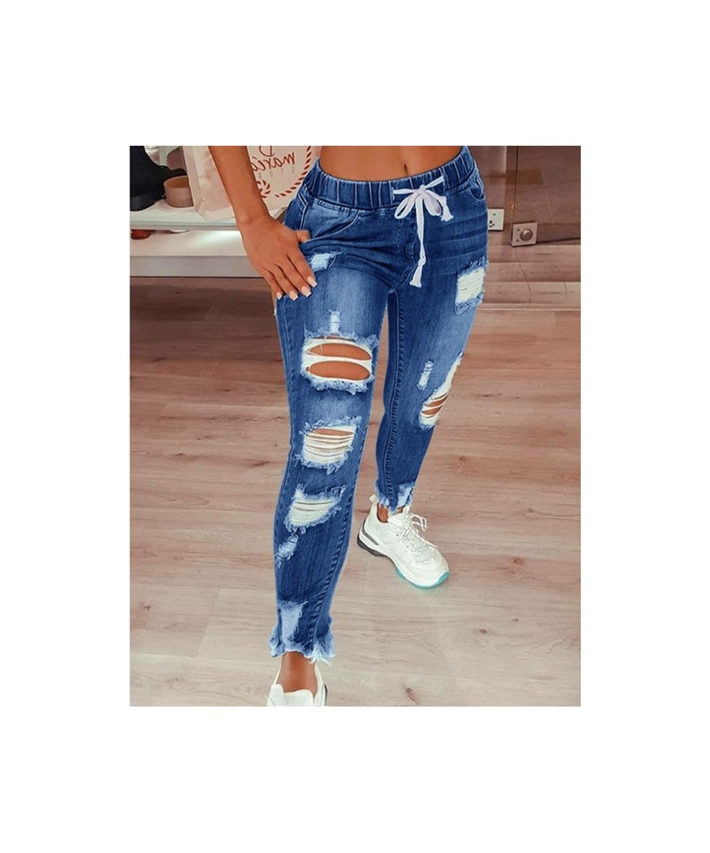 Drawstring Denim Jeans for Women Ripped Hole Stretch Jean Ladies big size Full Length Pencil Pants Ripped Jeans for Women $49...