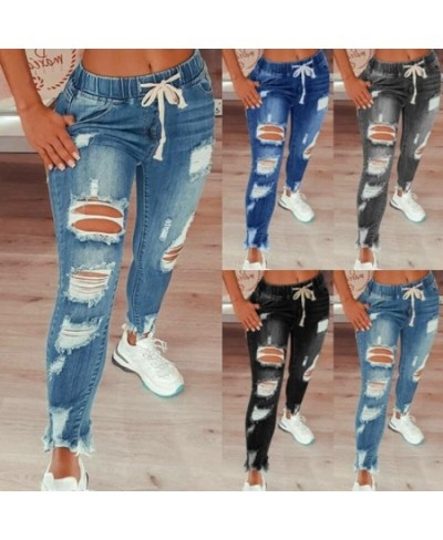 Drawstring Denim Jeans for Women Ripped Hole Stretch Jean Ladies big size Full Length Pencil Pants Ripped Jeans for Women $49...