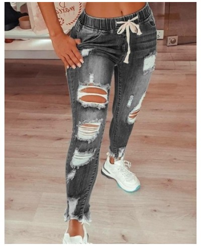 Drawstring Denim Jeans for Women Ripped Hole Stretch Jean Ladies big size Full Length Pencil Pants Ripped Jeans for Women $49...