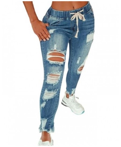 Drawstring Denim Jeans for Women Ripped Hole Stretch Jean Ladies big size Full Length Pencil Pants Ripped Jeans for Women $49...