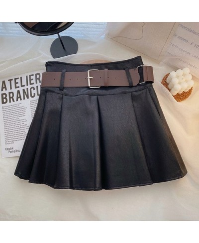 Pleated Leather Mini Skirts For Women 2022 Autumn Winter Korean Fashion Vintage Chic Ladies Black Pu Skirts With Belt $48.58 ...