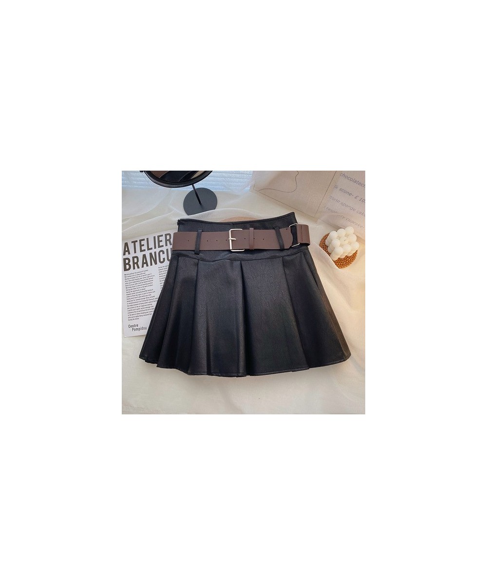 Pleated Leather Mini Skirts For Women 2022 Autumn Winter Korean Fashion Vintage Chic Ladies Black Pu Skirts With Belt $48.58 ...