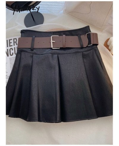 Pleated Leather Mini Skirts For Women 2022 Autumn Winter Korean Fashion Vintage Chic Ladies Black Pu Skirts With Belt $48.58 ...