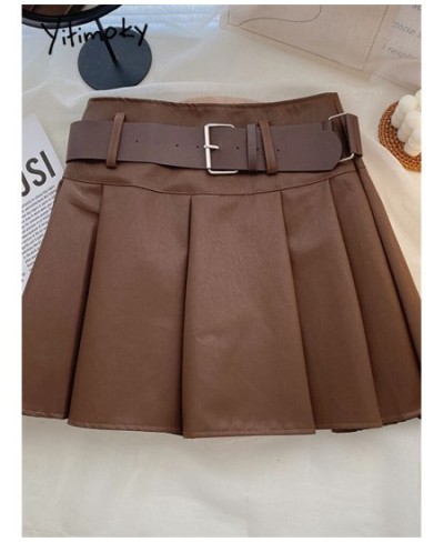 Pleated Leather Mini Skirts For Women 2022 Autumn Winter Korean Fashion Vintage Chic Ladies Black Pu Skirts With Belt $48.58 ...