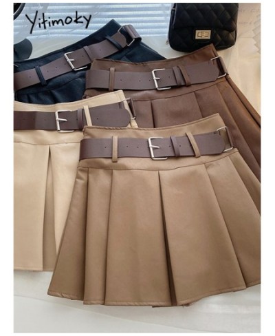 Pleated Leather Mini Skirts For Women 2022 Autumn Winter Korean Fashion Vintage Chic Ladies Black Pu Skirts With Belt $48.58 ...