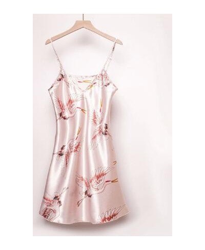 Gift for Women Pajamas Satin Nightgown Crane Print Sleepwear V Neck Lingerie Sexy Spaghetti Strap Nightwear $16.34 - Sleepwears