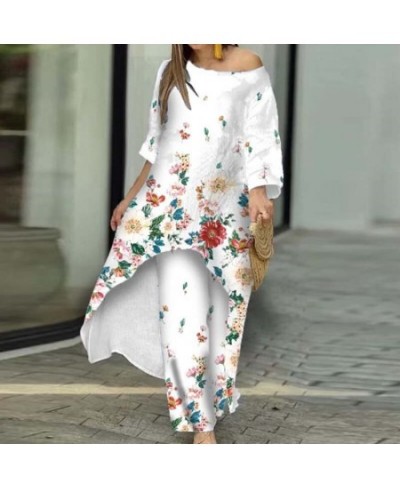 Autumn Ladies Long Sleeve Irregular Tops + Straight Pants Suit Casual Women Wide Leg Pants 2 Piece Set Vintage Print Loose $5...