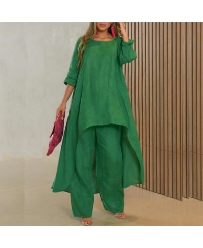 Autumn Ladies Long Sleeve Irregular Tops + Straight Pants Suit Casual Women Wide Leg Pants 2 Piece Set Vintage Print Loose $5...