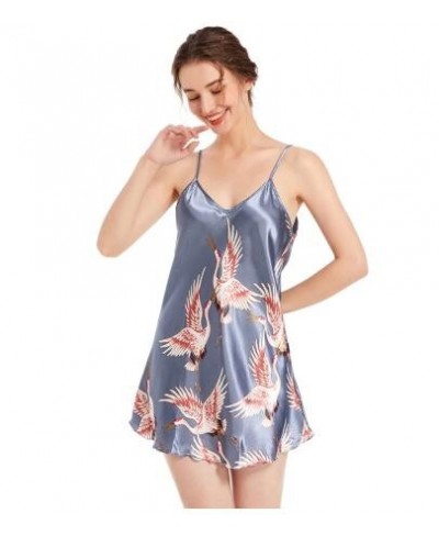 Gift for Women Pajamas Satin Nightgown Crane Print Sleepwear V Neck Lingerie Sexy Spaghetti Strap Nightwear $16.34 - Sleepwears