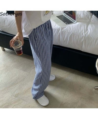 Plaid Sleep Bottoms Women Design Drawstring Straight Trousers Trendy Teens Japanese Style Empire Harajuku Sleepwear Causal $2...