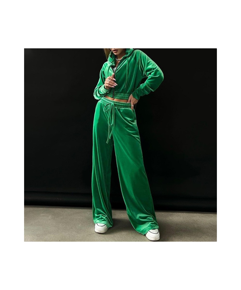 2023 Spring New Golden Velvet Hoodie Jacket Casual Wide Leg Pants Two Piece Elegant Women's Pants Set Trucksuit Outfit $61.55...