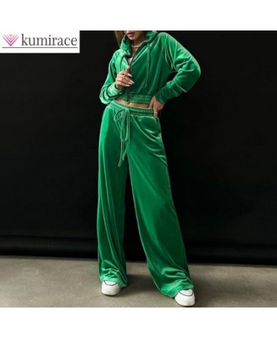 2023 Spring New Golden Velvet Hoodie Jacket Casual Wide Leg Pants Two Piece Elegant Women's Pants Set Trucksuit Outfit $61.55...