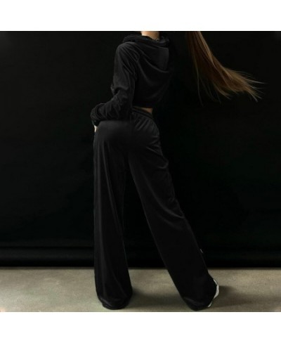 2023 Spring New Golden Velvet Hoodie Jacket Casual Wide Leg Pants Two Piece Elegant Women's Pants Set Trucksuit Outfit $61.55...