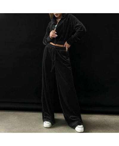 2023 Spring New Golden Velvet Hoodie Jacket Casual Wide Leg Pants Two Piece Elegant Women's Pants Set Trucksuit Outfit $61.55...