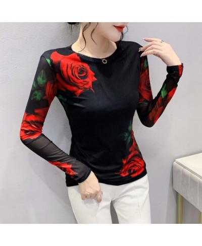 Autumn/winter Fashion Screen Printing Positioning Flower Long Sleeve Round Neck Slim Bottom Top T Shirt for Women $32.76 - To...