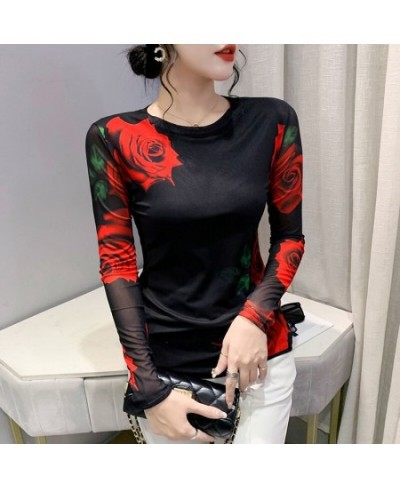 Autumn/winter Fashion Screen Printing Positioning Flower Long Sleeve Round Neck Slim Bottom Top T Shirt for Women $32.76 - To...