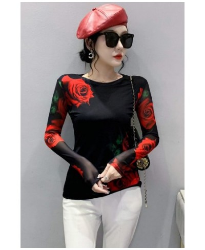 Autumn/winter Fashion Screen Printing Positioning Flower Long Sleeve Round Neck Slim Bottom Top T Shirt for Women $32.76 - To...