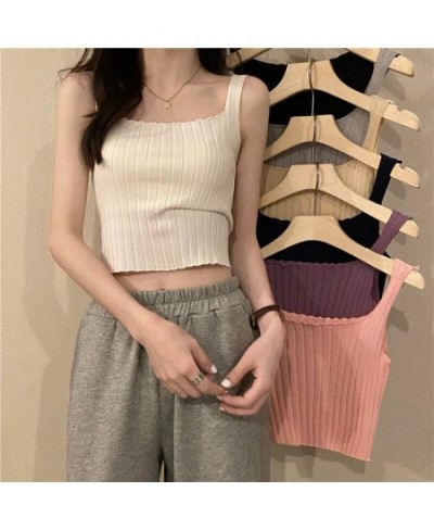 Women Square Neck Crop Top Female Summer Crop Tank Tops Solid Color Lady Knitting Crop Top Flounce Hem Tank Tops 2022 $21.47 ...