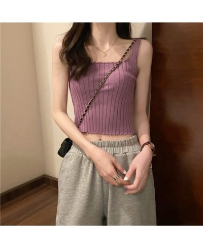 Women Square Neck Crop Top Female Summer Crop Tank Tops Solid Color Lady Knitting Crop Top Flounce Hem Tank Tops 2022 $21.47 ...