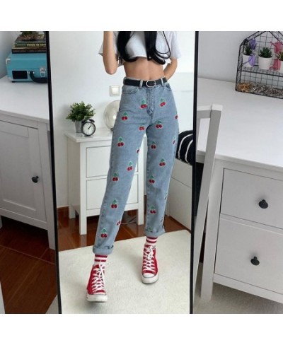 Cherry Embroidery Jeans Women Harajuku Vintage High Waist Y2k Female Pencil Pants Streetwear Denim Trousers 2023 Fashion Casu...