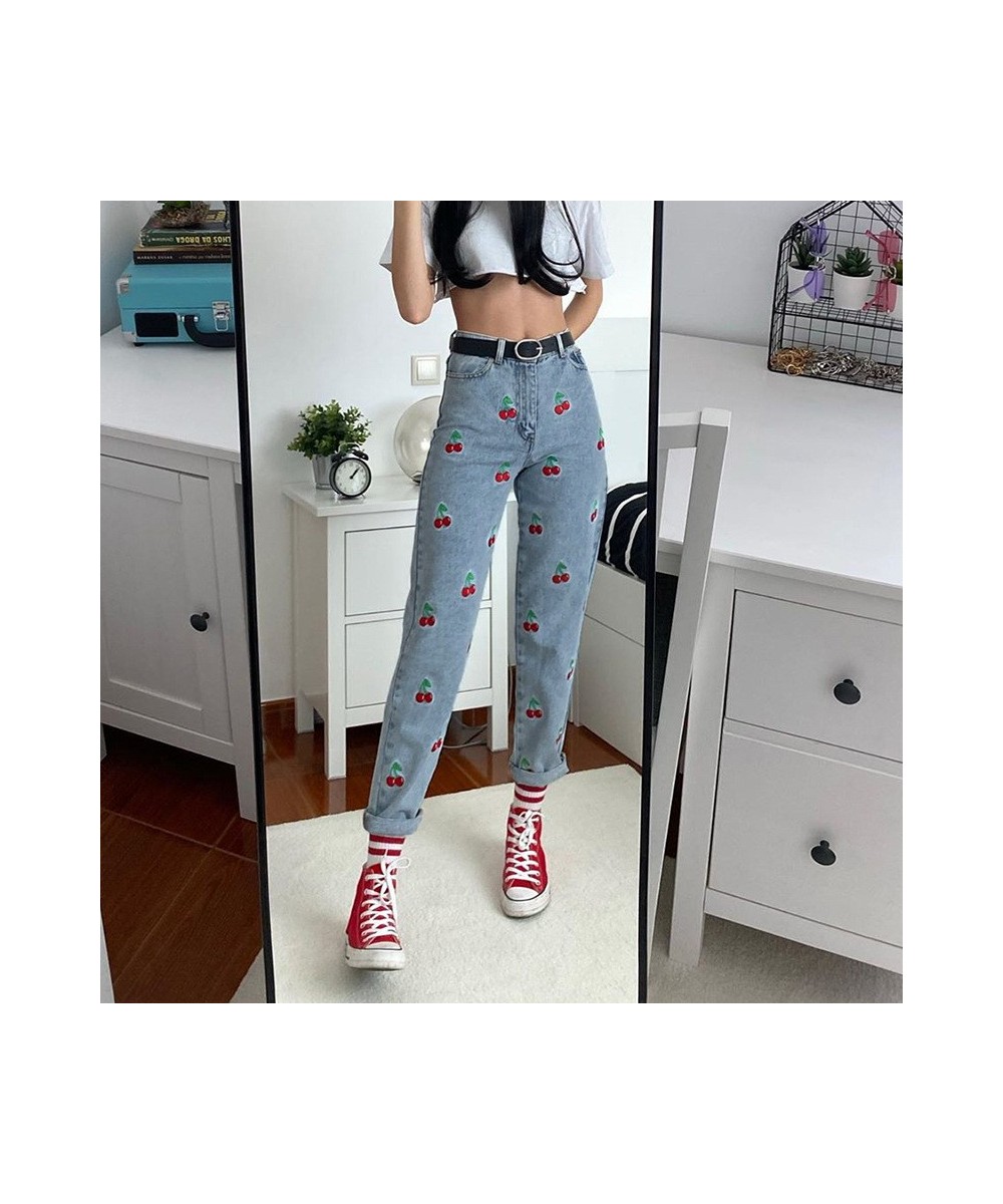 Cherry Embroidery Jeans Women Harajuku Vintage High Waist Y2k Female Pencil Pants Streetwear Denim Trousers 2023 Fashion Casu...