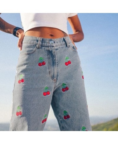 Cherry Embroidery Jeans Women Harajuku Vintage High Waist Y2k Female Pencil Pants Streetwear Denim Trousers 2023 Fashion Casu...