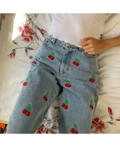 Cherry Embroidery Jeans Women Harajuku Vintage High Waist Y2k Female Pencil Pants Streetwear Denim Trousers 2023 Fashion Casu...