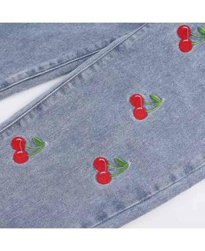 Cherry Embroidery Jeans Women Harajuku Vintage High Waist Y2k Female Pencil Pants Streetwear Denim Trousers 2023 Fashion Casu...