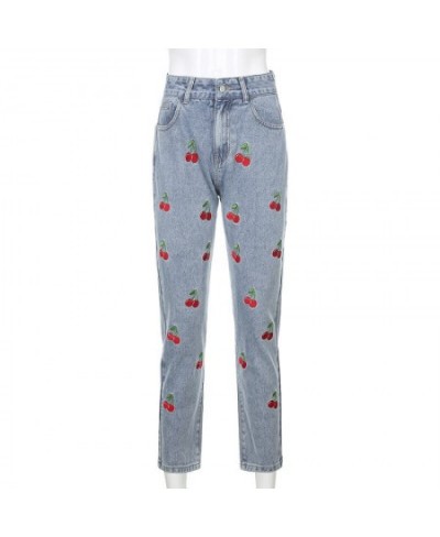 Cherry Embroidery Jeans Women Harajuku Vintage High Waist Y2k Female Pencil Pants Streetwear Denim Trousers 2023 Fashion Casu...