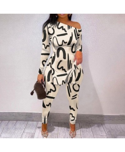 Women Fashion Two Piece Suit Sets Elegant Skinny Skew Neck Leopard Print Long Sleeve Split Hem Top and Pants Set $40.22 - Sui...