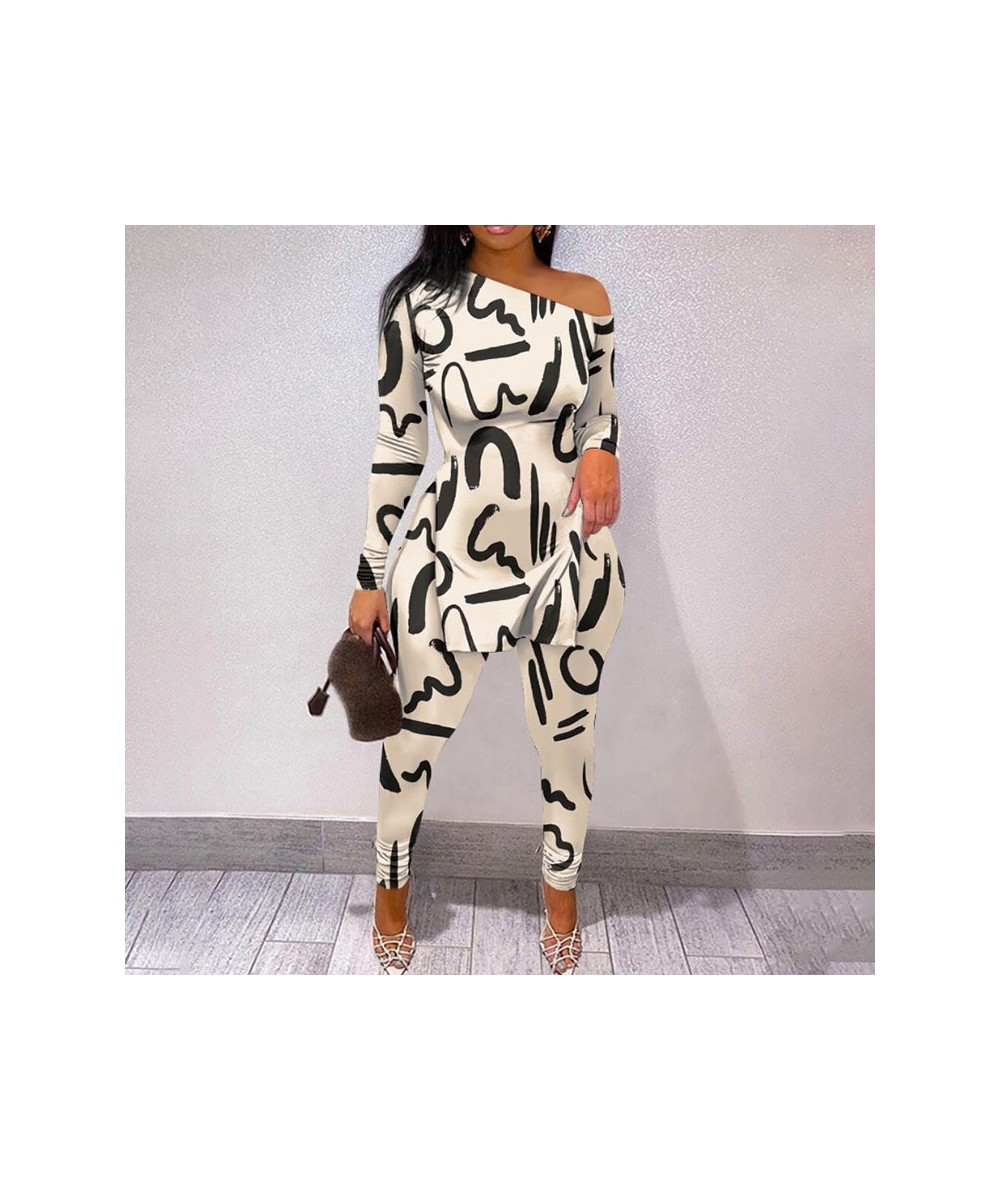 Women Fashion Two Piece Suit Sets Elegant Skinny Skew Neck Leopard Print Long Sleeve Split Hem Top and Pants Set $40.22 - Sui...