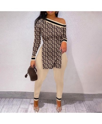 Women Fashion Two Piece Suit Sets Elegant Skinny Skew Neck Leopard Print Long Sleeve Split Hem Top and Pants Set $40.22 - Sui...