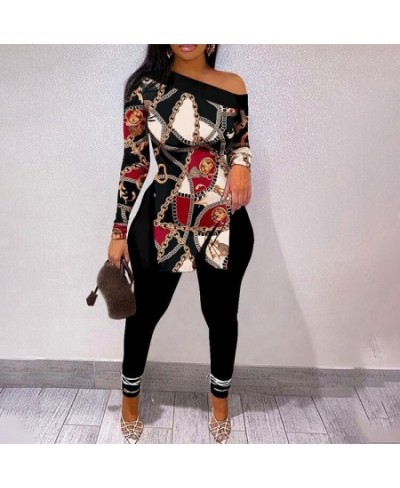 Women Fashion Two Piece Suit Sets Elegant Skinny Skew Neck Leopard Print Long Sleeve Split Hem Top and Pants Set $40.22 - Sui...